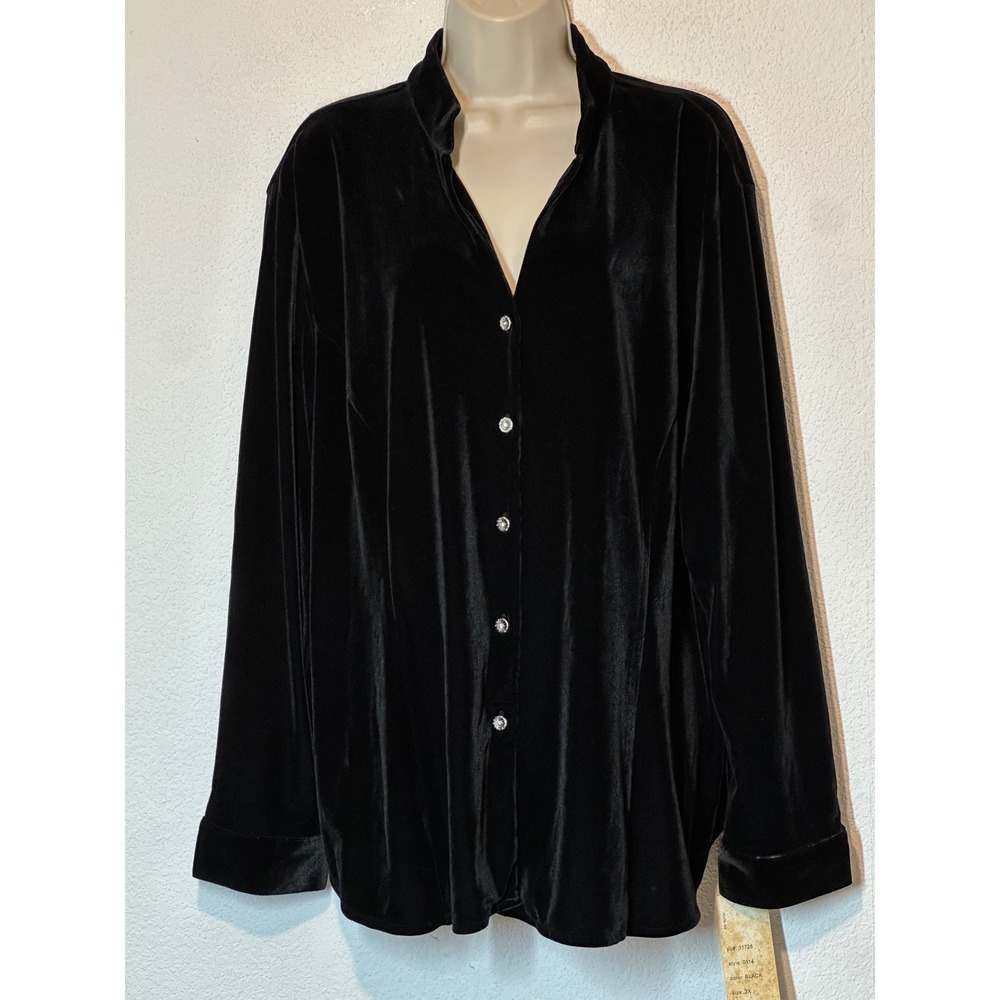 Harve Benard Black Velvet Button Up Blouse Stand Collar Plus Size 3X 0114 NEW